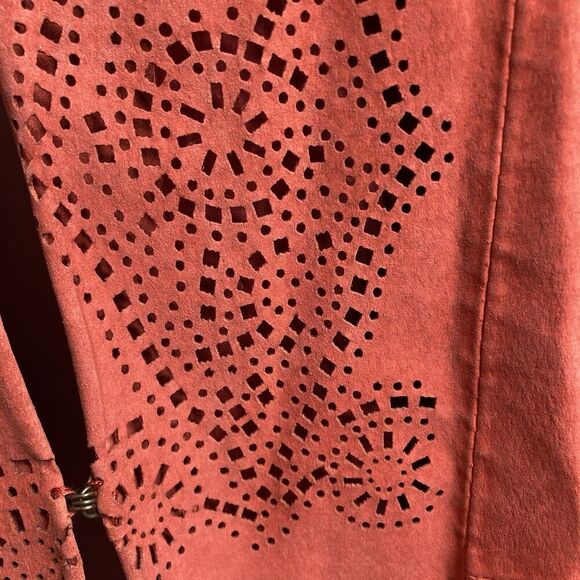 Chico's Women's Red Suede Leather Jacket Size 2 Large Western Boho Hippie Eyelet - Picture 8 of 11